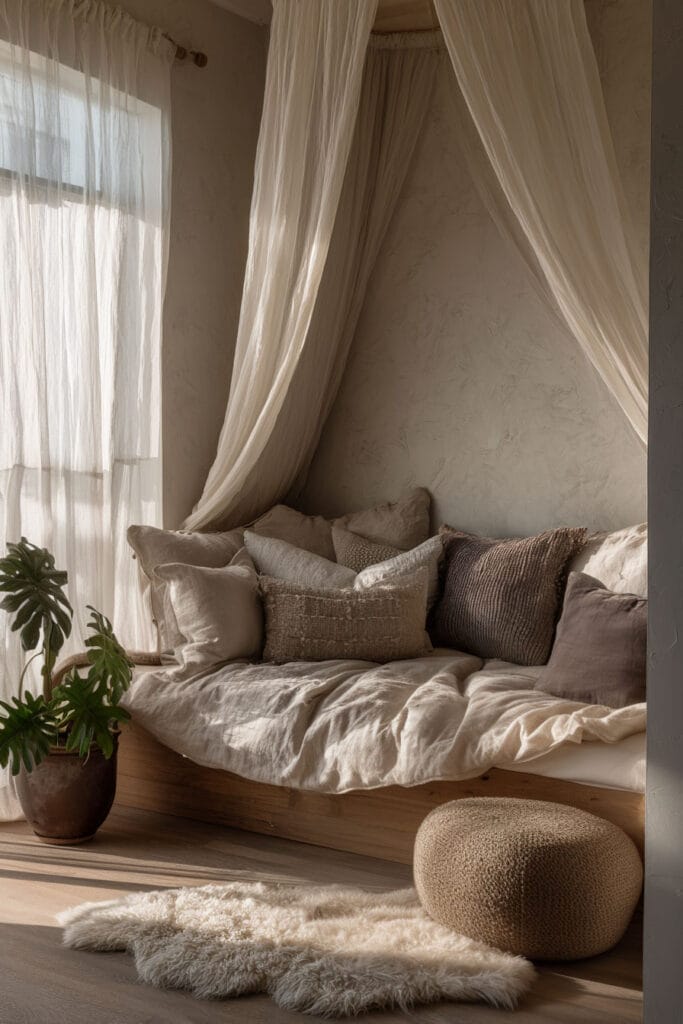 Cozy neutral little girls bedroom with canopy daybed, layered textured pillows, soft curtains, and warm natural sunlight.