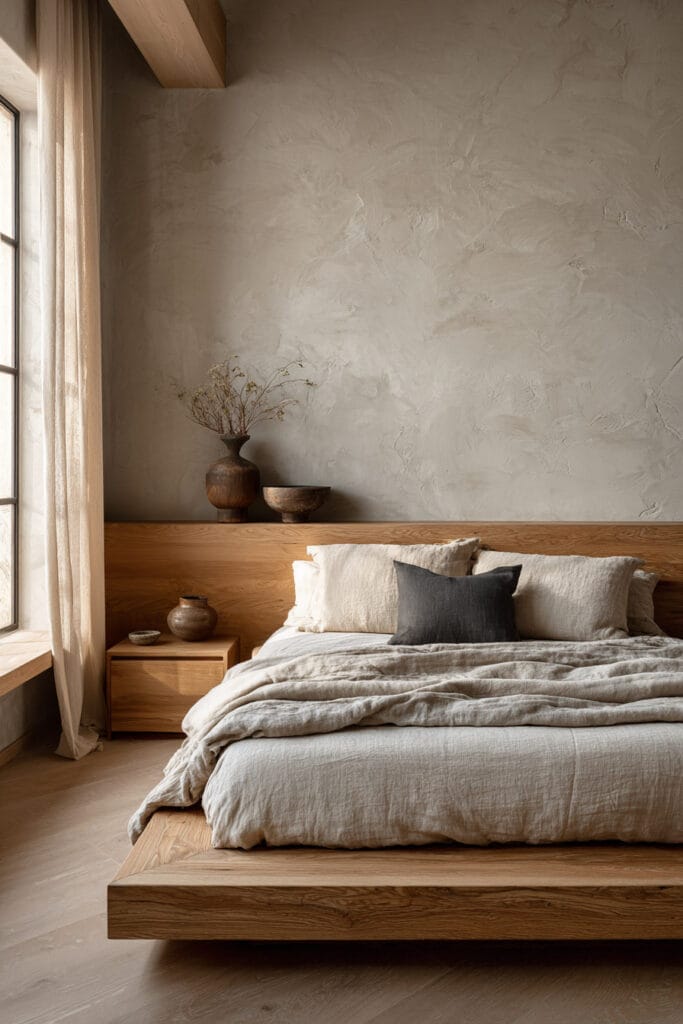 Japandi bedroom with floating wood platform bed, neutral linen bedding, textured plaster wall, minimal decor, and soft natural light