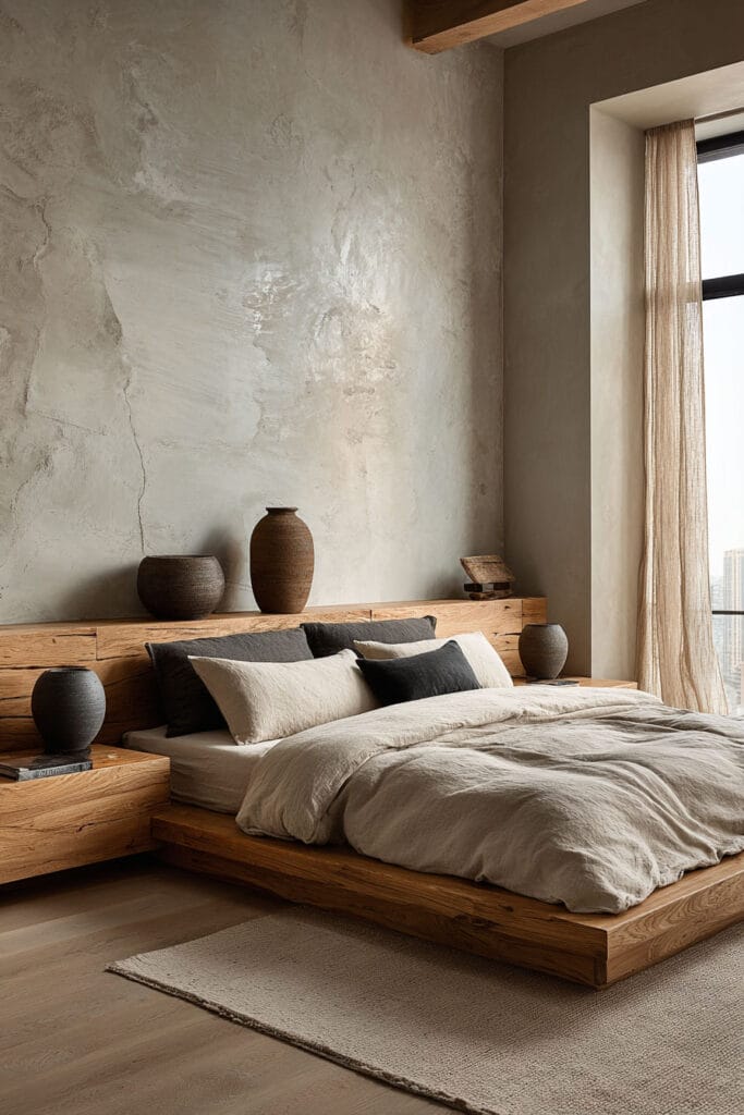 Japandi bedroom with textured plaster wall, wood platform bed, neutral linen bedding, and ceramic vases on wood headboard