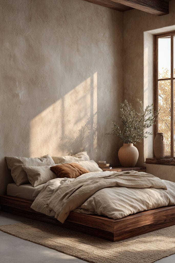 Japandi bedroom with warm neutral plaster wall, wood platform bed, layered linen bedding, olive branches in ceramic vase, and soft natural sunlight