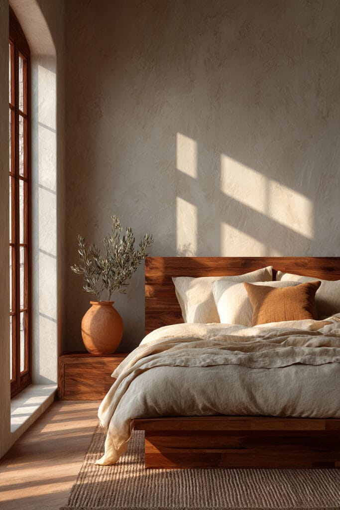 Japandi bedroom with warm wood bed, neutral linen bedding, terracotta accent pillow, and soft sunlight from window