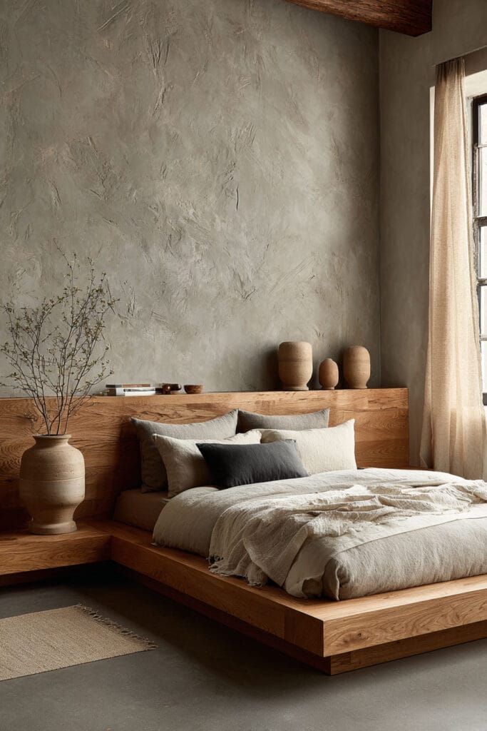 Japandi bedroom with wooden platform bed, neutral linen bedding, textured plaster wall, and minimal decor with natural materials