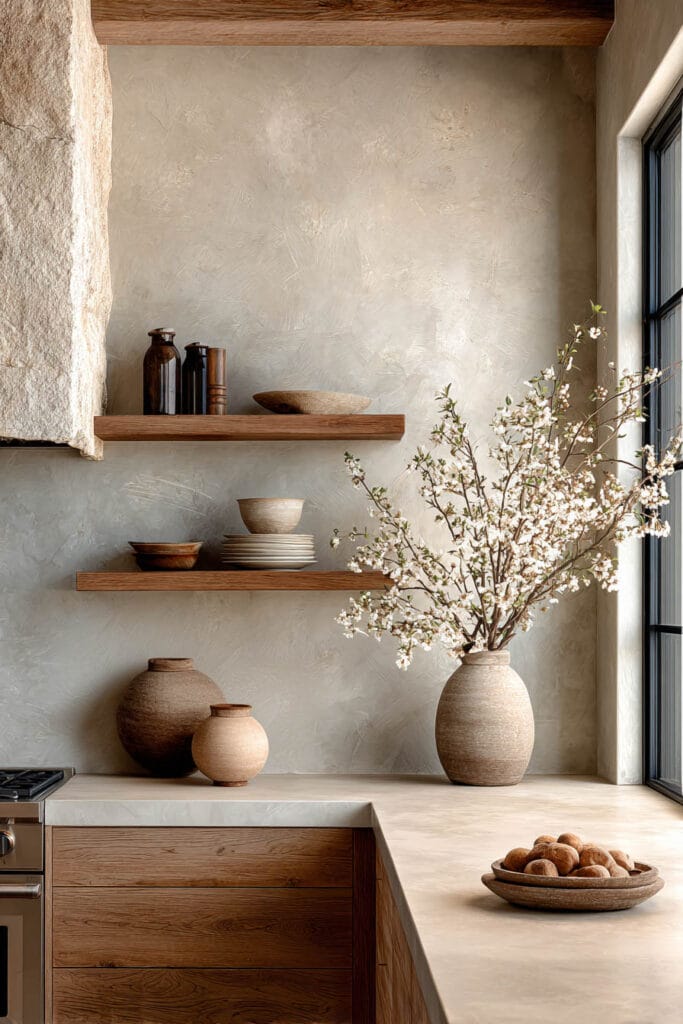 Organic modern kitchen with warm wood cabinetry, floating wood shelves, plaster walls, and ceramic decor highlighting natural materials.
