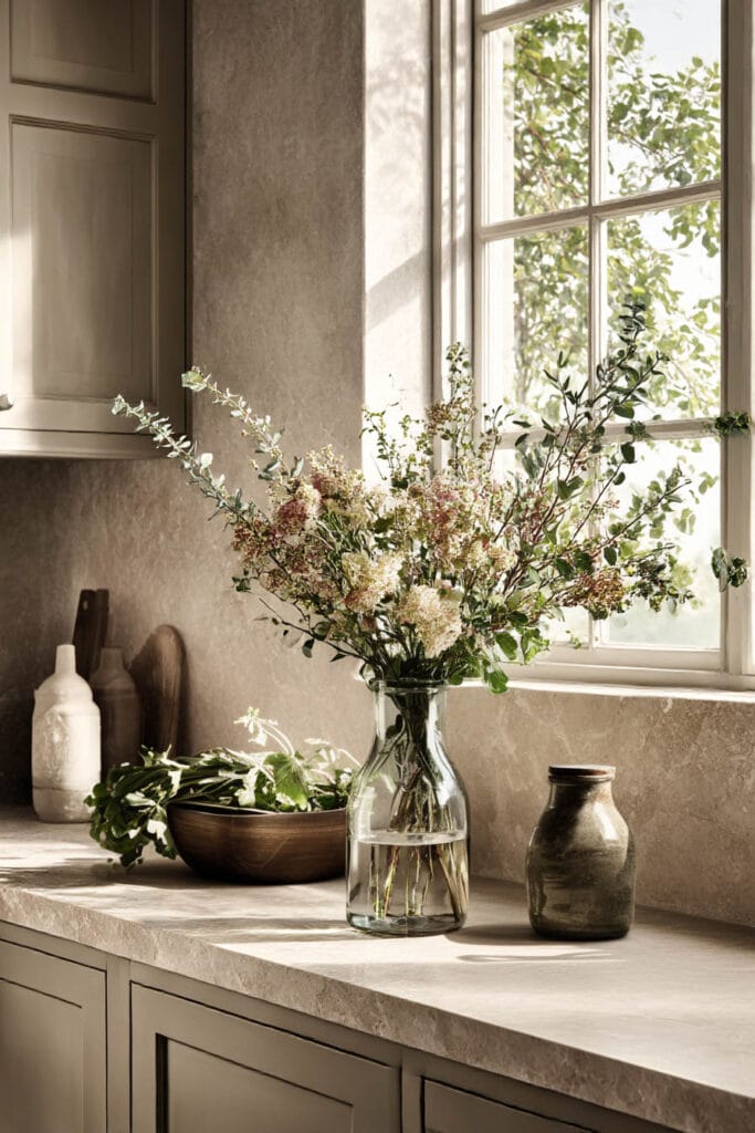 natural stone kitchen countertop with neutral cabinets and fresh greenery by window in organic modern kitchen