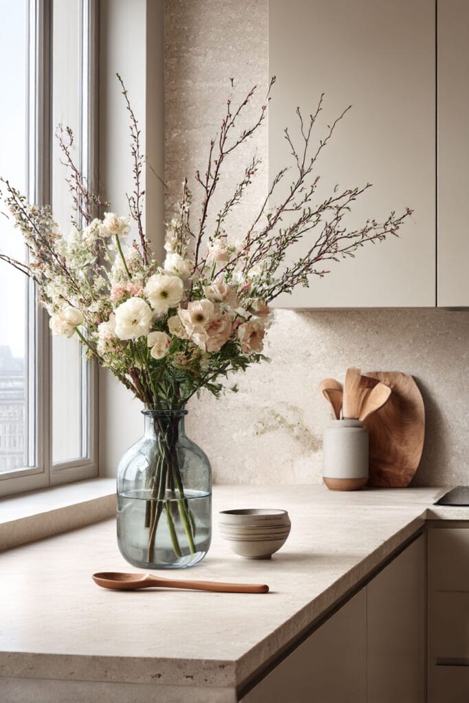 natural stone kitchen countertop with neutral cabinets, soft textured backsplash, and floral arrangement in bright modern kitchen