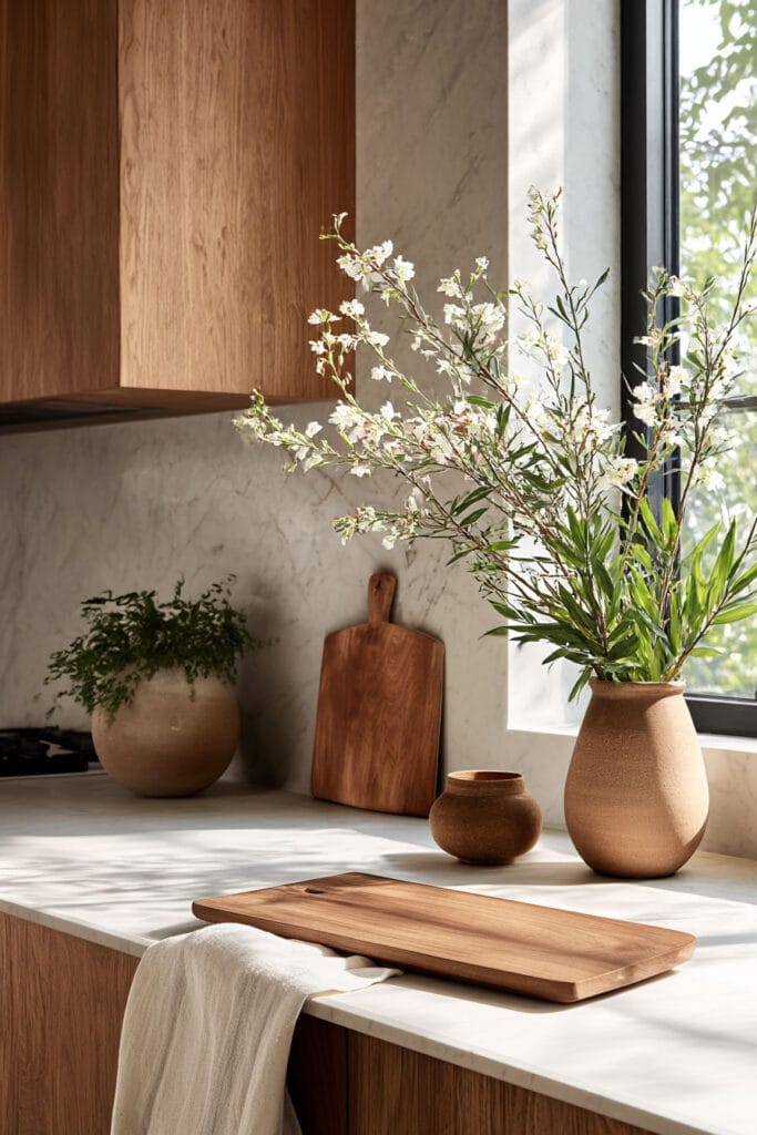 Natural stone kitchen countertops with marble surface, warm wood cabinets, and sunlight in a cozy organic modern kitchen
