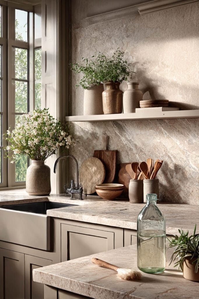 natural stone kitchen countertops and backsplash with farmhouse sink, open shelving, and warm neutral organic kitchen decor