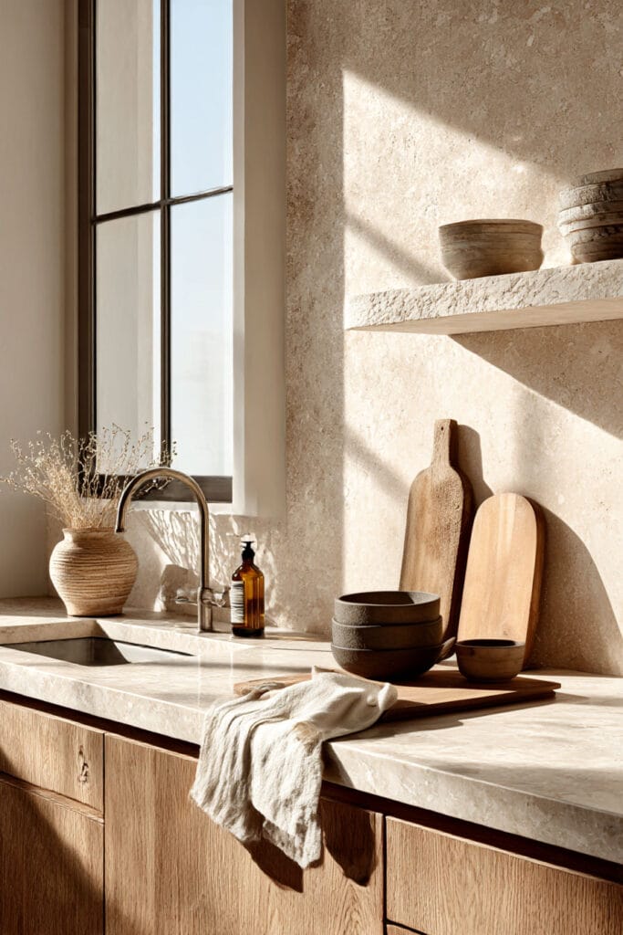 natural stone kitchen countertops with textured backsplash, warm neutral kitchen decor, and organic modern styling with wood accents