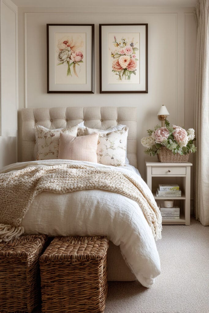 Neutral little girl’s bedroom with floral wall art, upholstered headboard, soft bedding, and woven baskets at the foot of the bed.