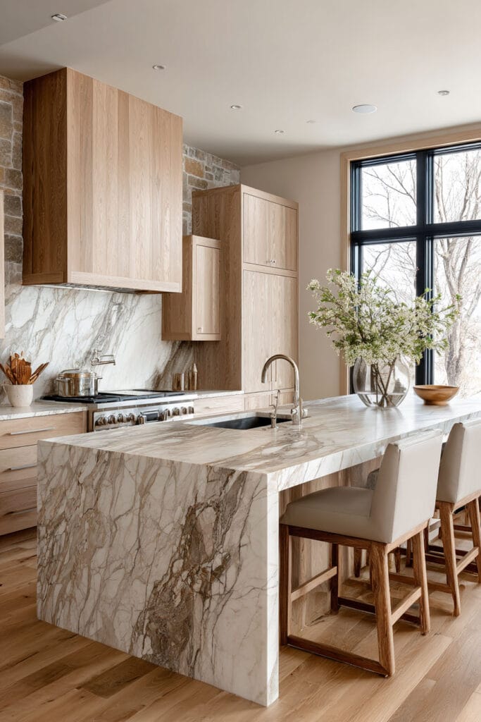 Organic modern kitchen with marble waterfall island, warm wood cabinets, stone backsplash, and natural light from large windows.