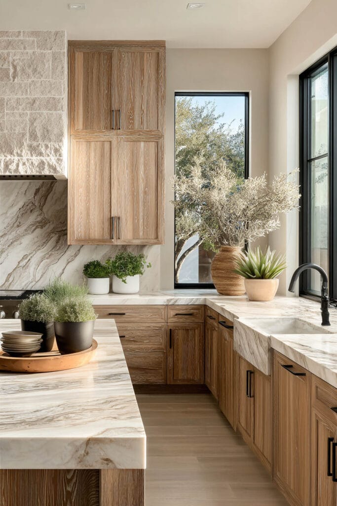 Organic modern kitchen with natural stone countertops, warm wood cabinets, marble backsplash, and neutral earthy decor