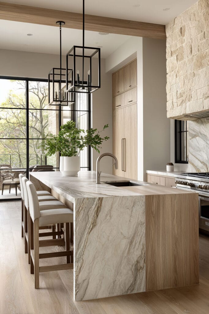 Organic modern kitchen with natural stone waterfall island, light wood cabinetry, black lantern pendant lights, and large windows.