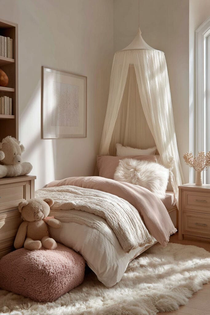 Cozy little girls bedroom with blush bedding, canopy bed, teddy bears, soft neutral decor, and warm natural light.