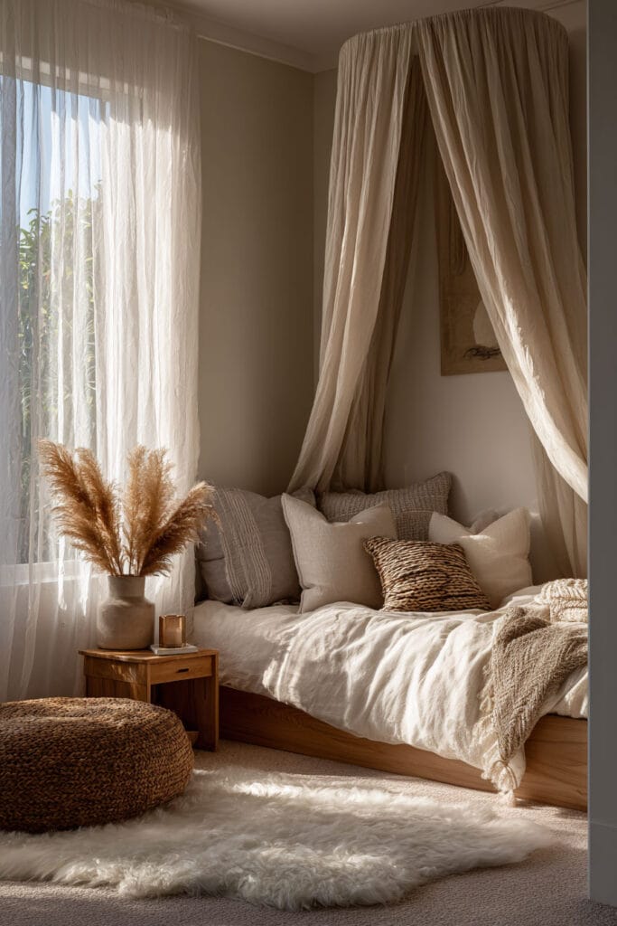 Cozy neutral little girl’s bedroom with canopy daybed, layered neutral pillows, pampas grass decor, and warm sunlight through sheer curtains.