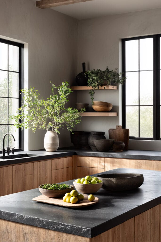 dark natural stone kitchen countertop with warm wood cabinets, organic modern kitchen design with open shelving and greenery