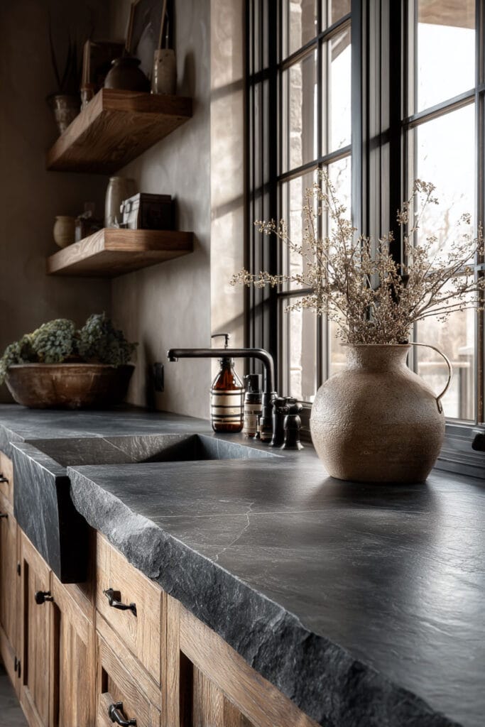 Dark natural stone kitchen countertops with wood cabinets, farmhouse sink, and window light in a cozy organic modern kitchen
