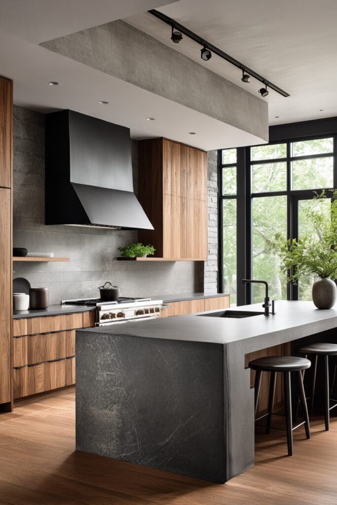 dark stone kitchen island with warm wood cabinets and modern organic kitchen design