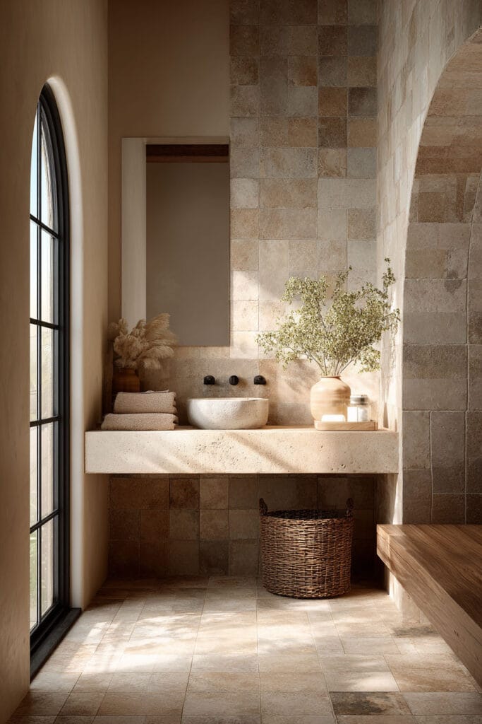 Earthy organic modern bathroom with stone vanity, clay tile walls, vessel sink, and warm natural sunlight creating a spa-like atmosphere.