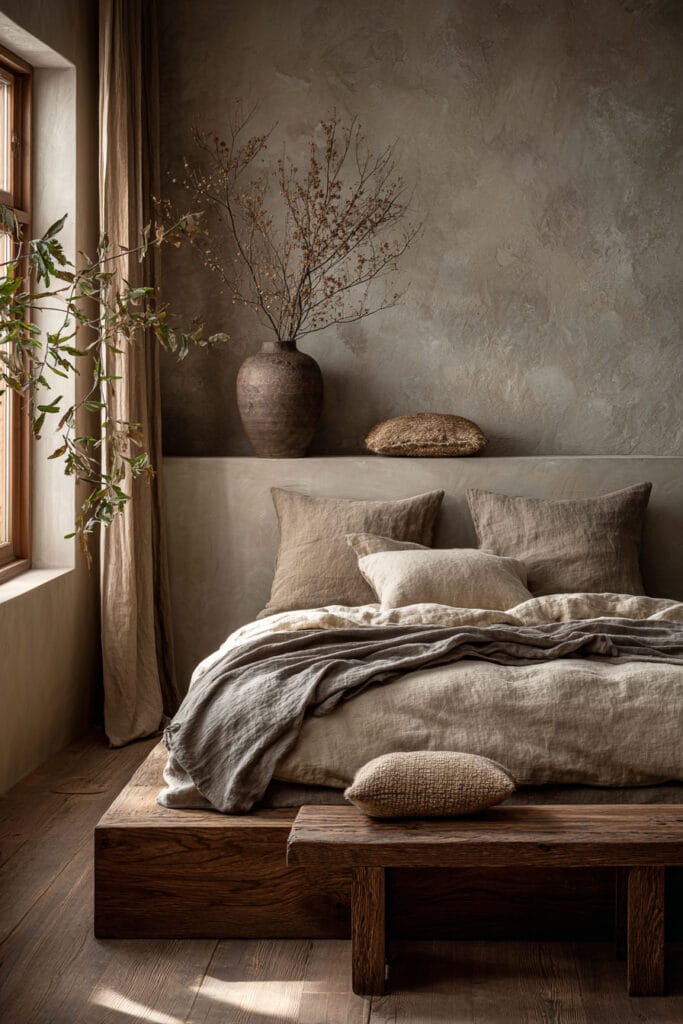 Japandi bedroom with earthy neutral tones, linen bedding, wood platform bed, textured plaster wall, and ceramic vase with dried branches