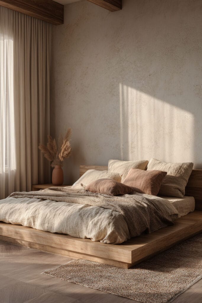 Japandi bedroom with low wood platform bed, warm neutral linen bedding, textured wall, soft natural light, and cozy minimalist decor