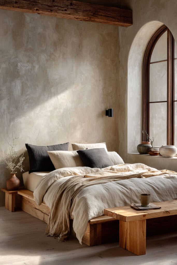 Japandi bedroom with low wood bed, neutral linen bedding, dark accent pillows, plaster wall, and arched window