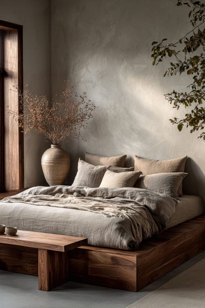 Japandi bedroom with wooden platform bed, layered neutral linen bedding, textured plaster wall, and ceramic vase with dried branches