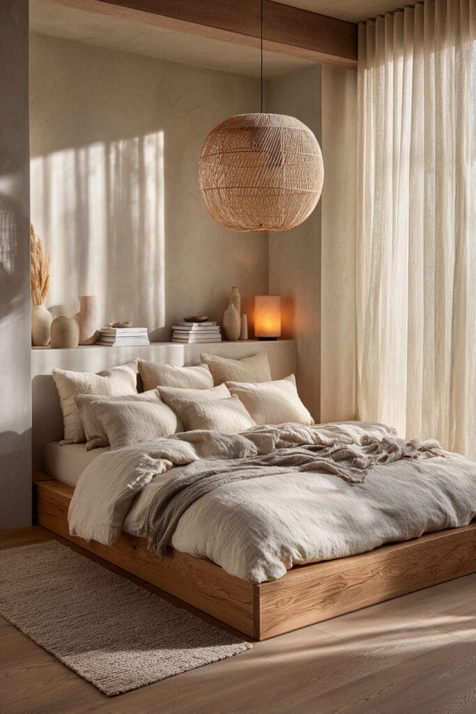 Japandi bedroom with woven pendant light, low wood platform bed, neutral linen bedding, built-in shelf styling, and soft natural light through sheer curtains