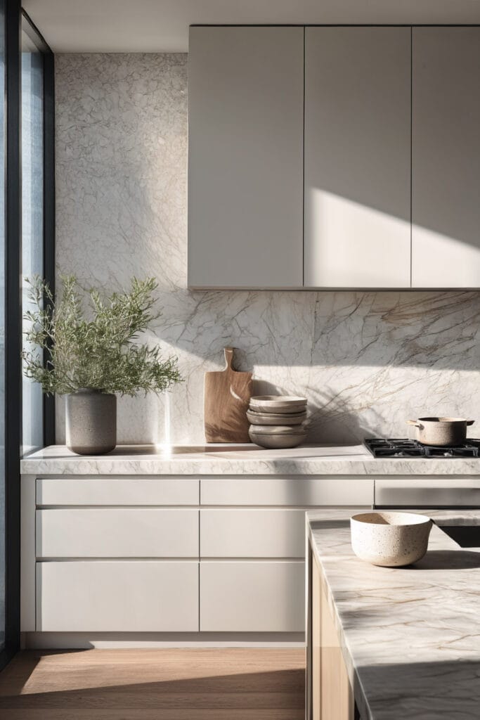 marble kitchen countertops with full height backsplash, minimalist kitchen cabinets, and modern neutral kitchen design with natural light