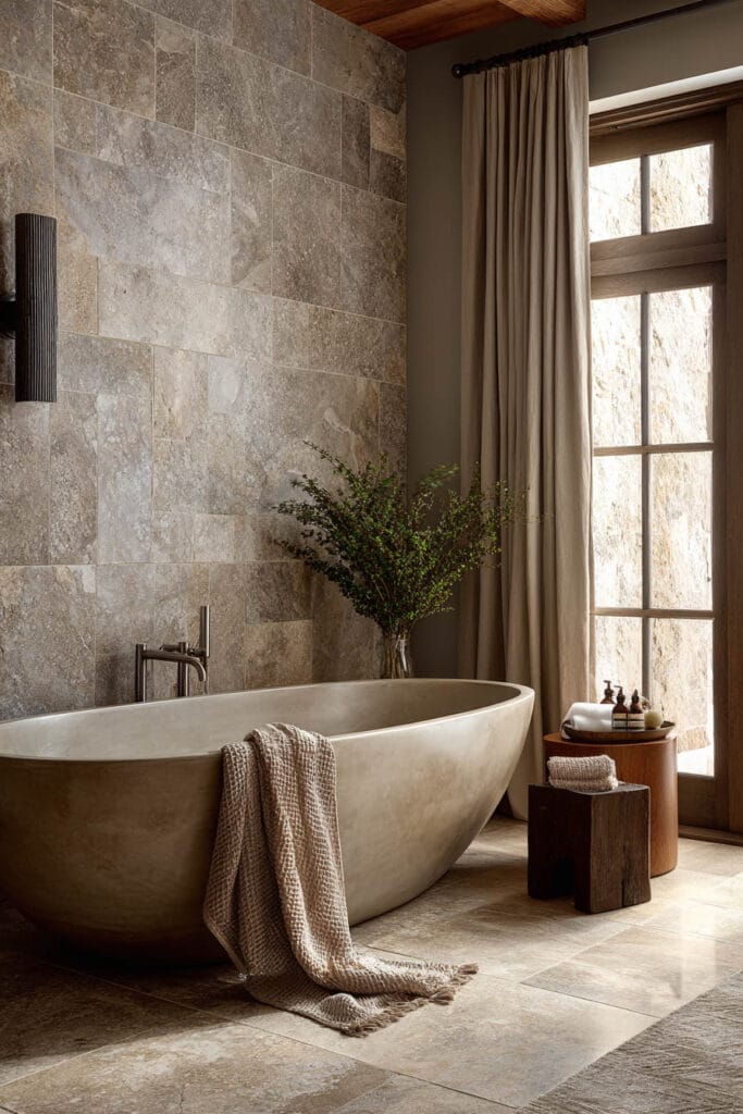 Earthy bathroom with stone tile walls, freestanding soaking tub, warm neutral decor, and natural materials creating a spa-like interior.
