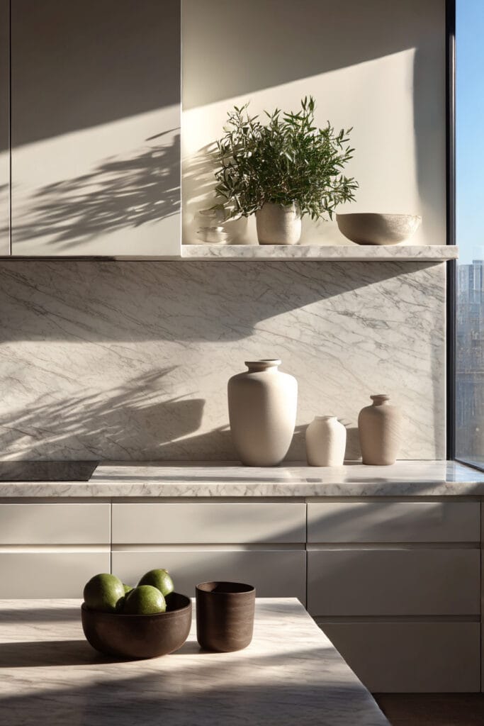 natural stone kitchen countertops with marble backsplash, neutral cabinets, minimal decor, and bright modern kitchen design