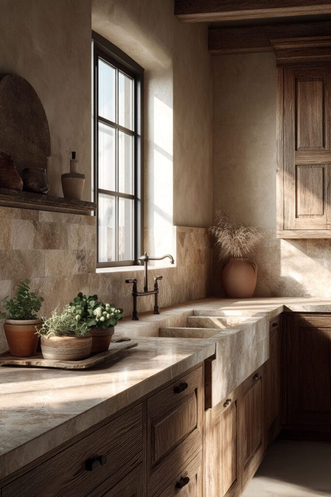 Organic modern kitchen with stone countertops, warm wood cabinets, plaster walls, and natural light highlighting earthy textures.