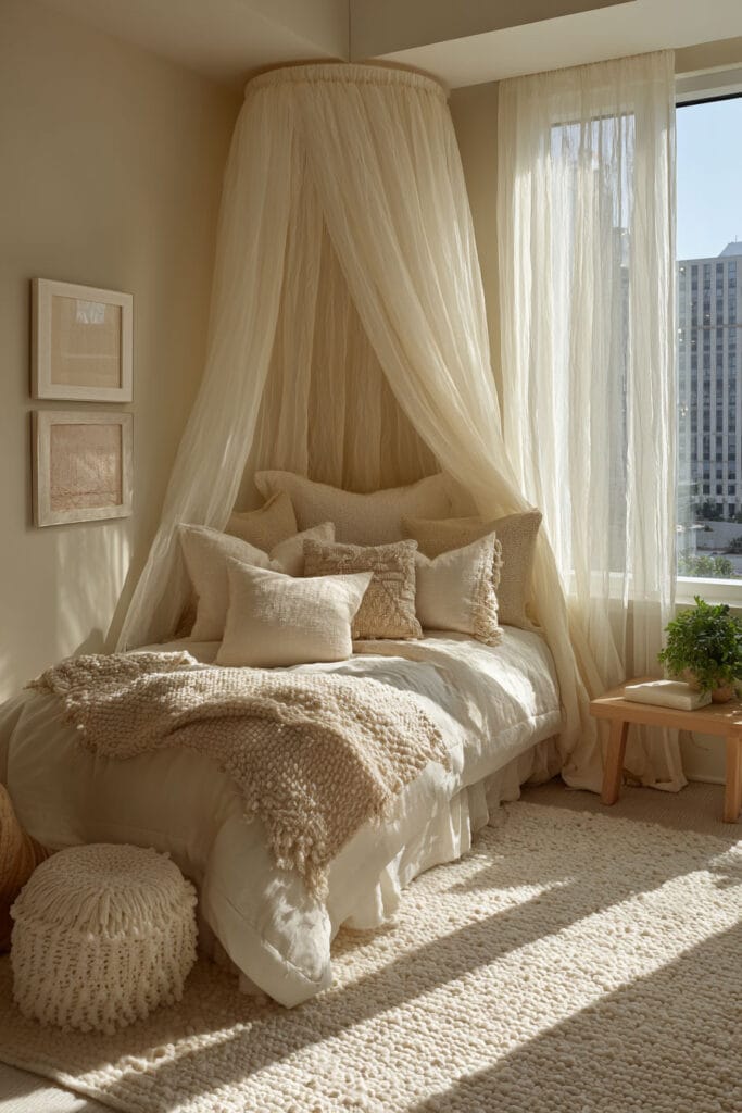 Soft neutral little girls bedroom with canopy bed, textured pillows, knit throw blanket, and warm sunlight through sheer curtains.