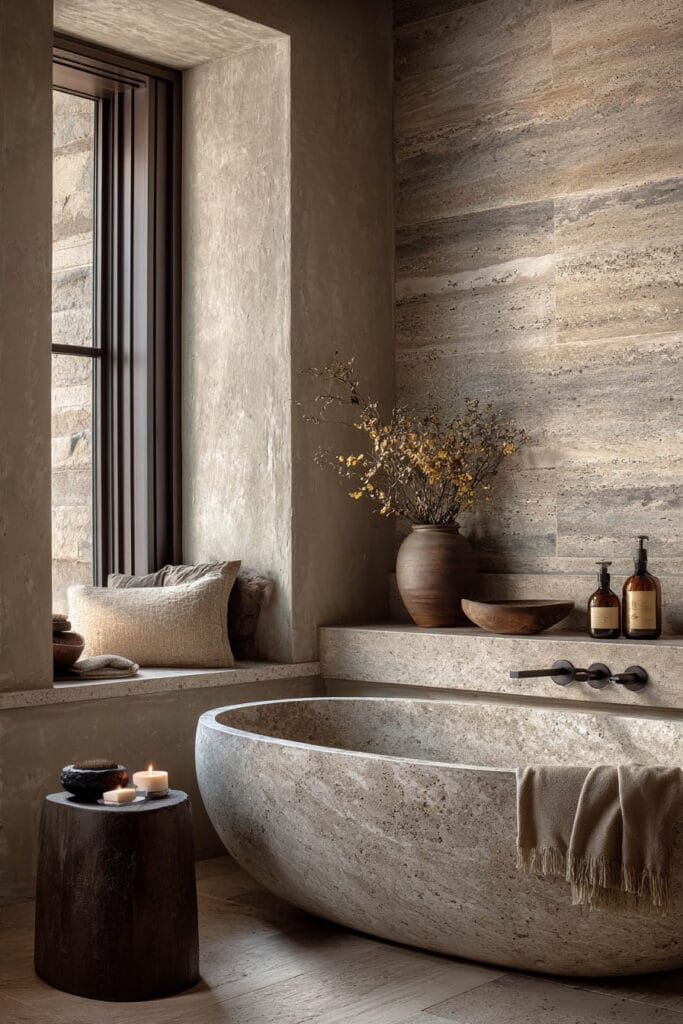 Earthy spa bathroom with natural stone soaking tub, textured stone walls, clay decor, and warm neutral materials