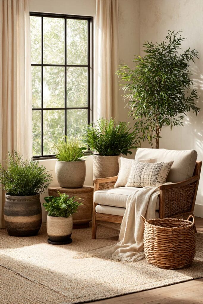 cozy container garden with layered planters neutral pots indoor plants styled corner with natural textures and greenery
