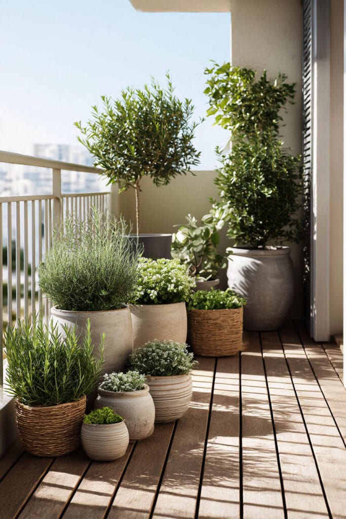 Heat-tolerant plants in neutral pots arranged on a sunny balcony with wooden flooring, featuring low water plants and greenery suited for hot climates