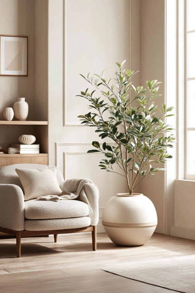 minimal container garden with oversized ceramic planter and indoor tree in neutral modern living room with natural light