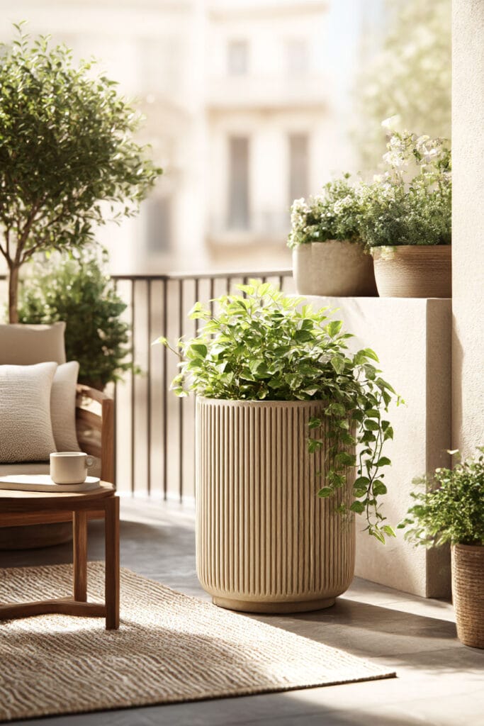Oversized ribbed planter with lush greenery on a neutral-toned balcony garden with cozy seating and soft natural light