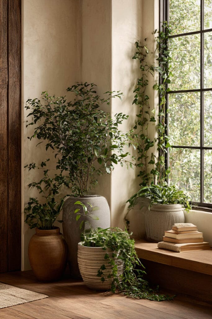 cozy indoor container garden corner with textured planters trailing plants natural light neutral decor styling