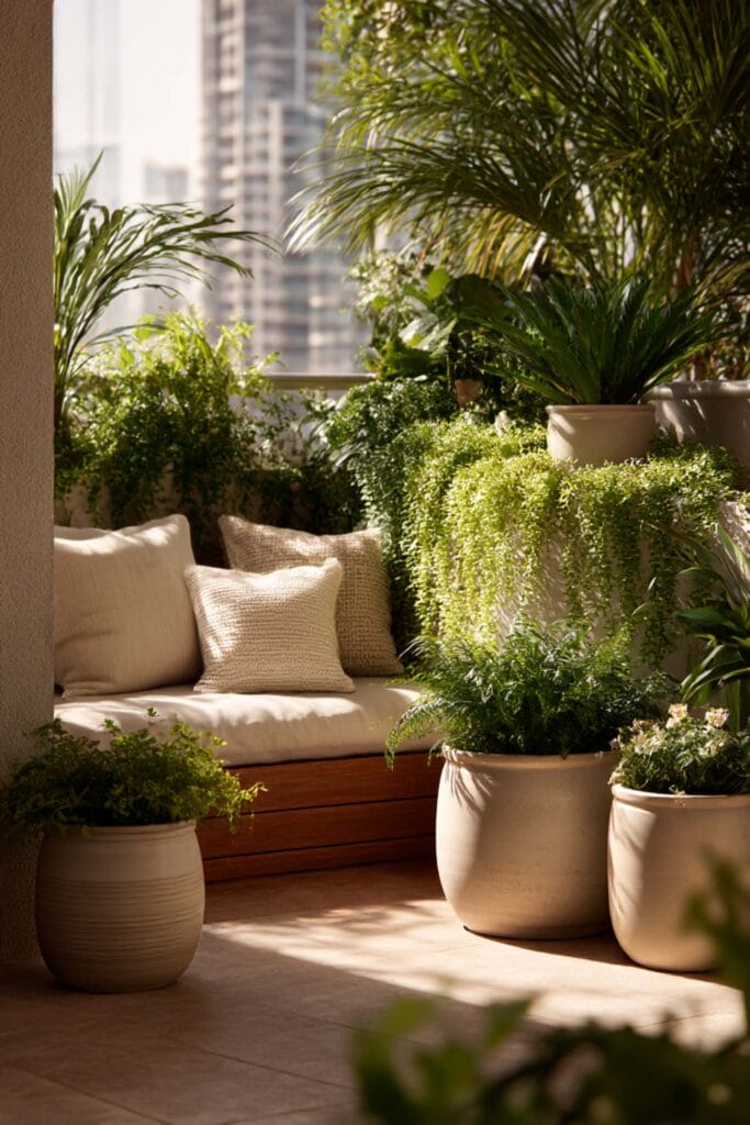 Monochrome container garden with neutral planters and lush green plants styled on a cozy balcony seating area