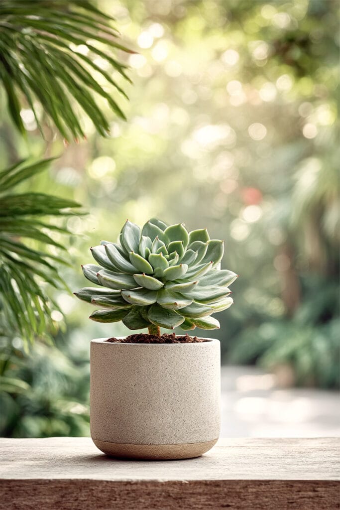 Succulent plant in a neutral ceramic pot placed outdoors in soft sunlight, showing a drought tolerant plant that thrives in hot climates with minimal watering