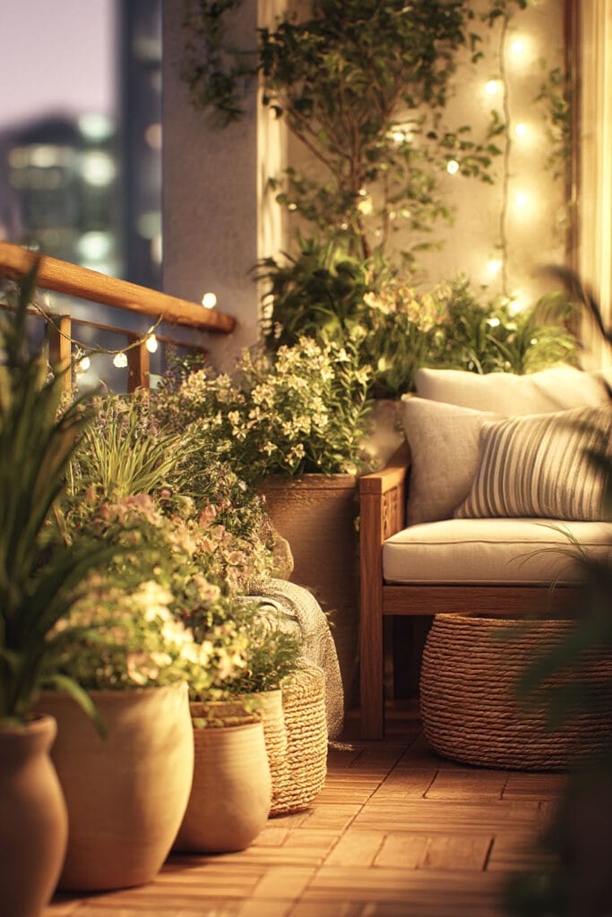 Cozy balcony container garden with soft string lights and layered potted plants creating a warm evening atmosphere