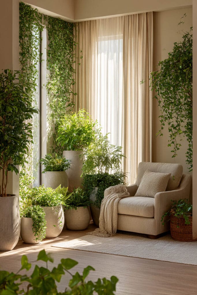 cozy indoor container garden corner with layered plants neutral planters natural light styled living space greenery