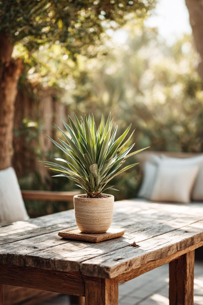 Yucca plant in a neutral pot placed on a wooden outdoor table, showing a drought tolerant plant that thrives in hot climates with minimal watering