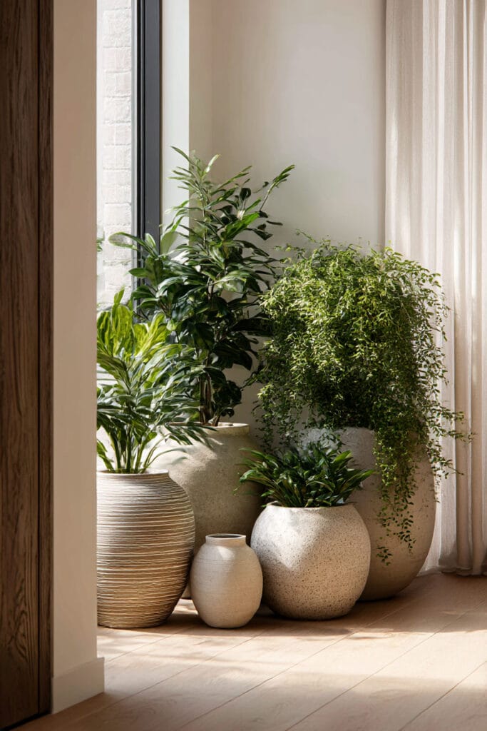 cozy indoor container garden with neutral textured planters layered greenery natural light modern plant styling