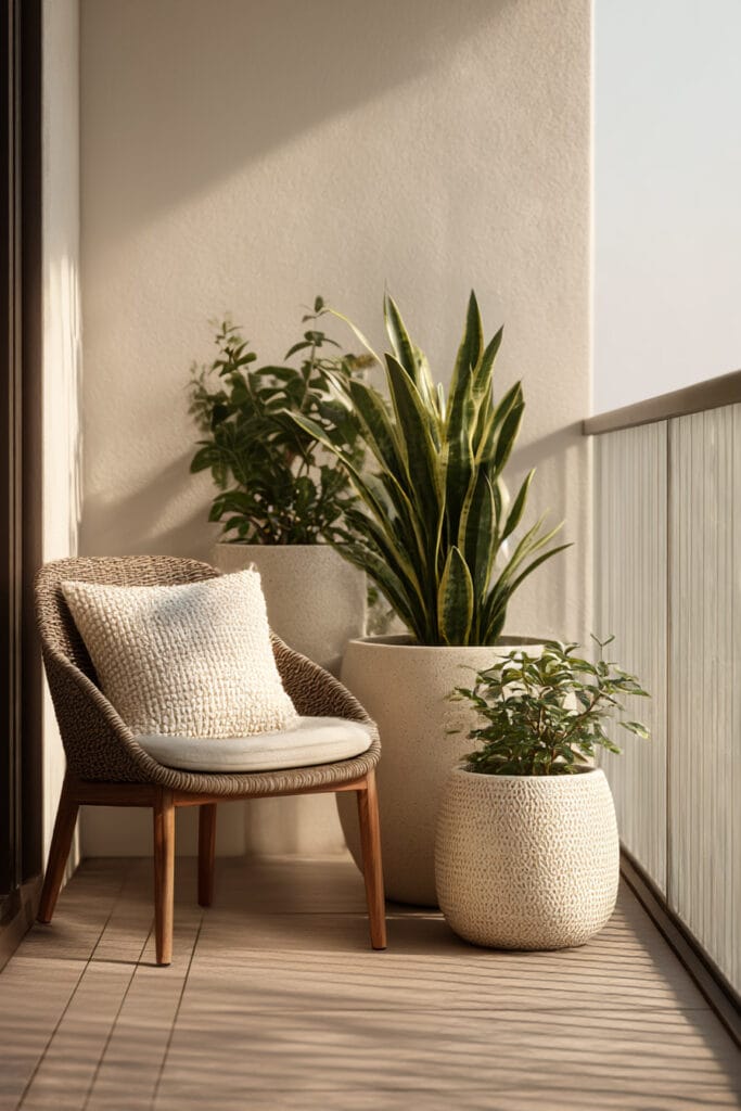 Minimalist balcony container garden with a few large planters and a cozy chair in warm neutral tones