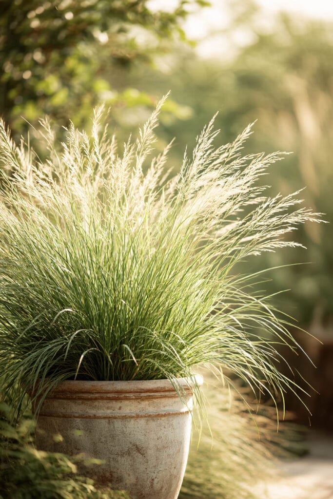 Ornamental grass in a large pot outdoors in warm sunlight, showing a drought tolerant plant that thrives in hot climates and low water conditions