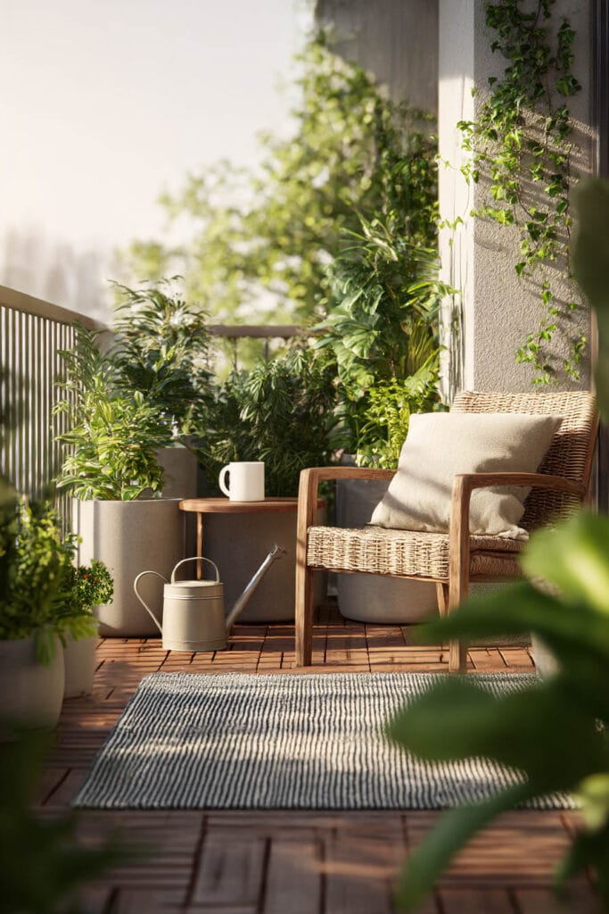 cozy balcony container garden with watering can outdoor seating neutral planters functional styling ideas