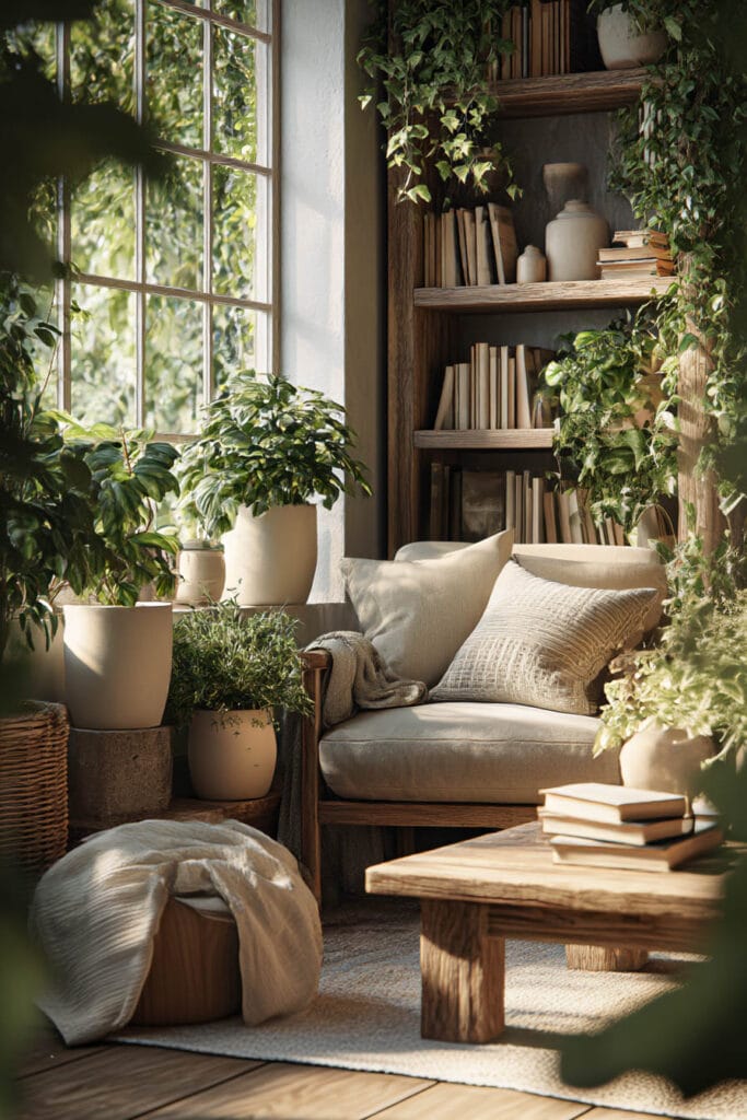 Cozy indoor container garden styled around a lounge chair with layered plants and natural light