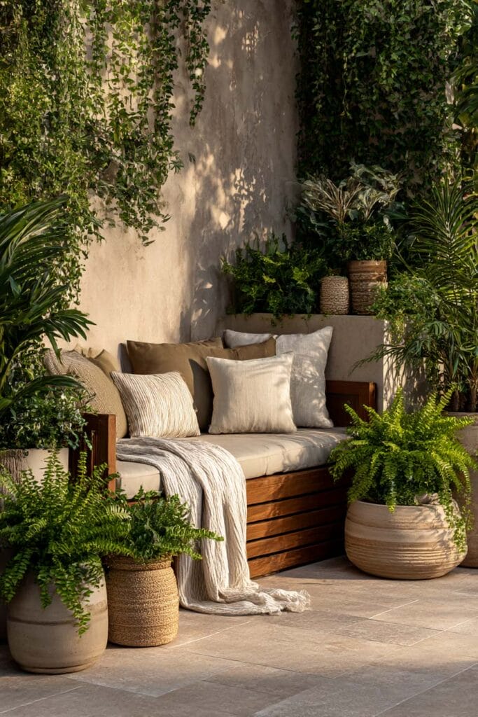 Cozy outdoor seating area styled with layered container plants, neutral cushions, and trailing greenery