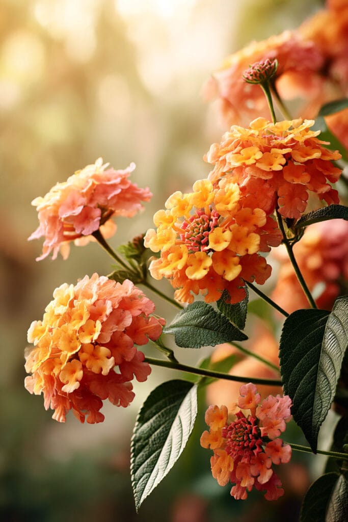 Lantana flowers in warm orange and yellow tones blooming in sunlight, showing drought resistant flowers that thrive in heat and hot climates